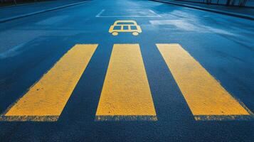 Bright yellow pedestrian crossing marked on an empty urban street during early morning light photo