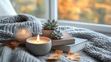 Cozy autumn atmosphere with candles, books, and succulents near a window photo