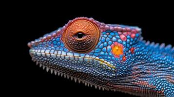 Close-up of a vibrant chameleon with detailed textures against a dark background photo
