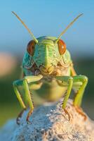 Close-up of a vibrant green grasshopper on a rocky surface during daytime photo