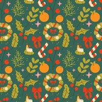 Christmas seamless pattern with fir branch, Christmas wreath, rowan tree vector