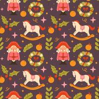 Christmas seamless seamless pattern with horses, nutcracker, toy, candy cane vector