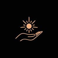 A hand holding a sun icon on a black background vector