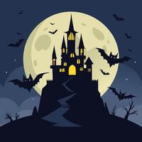 Halloween castle with bats and moon background vector