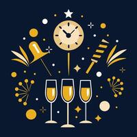 New year celebration with glasses of champagne and clock vector