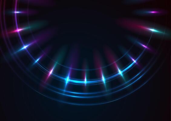 Blue purple neon laser rings with rays abstract background
