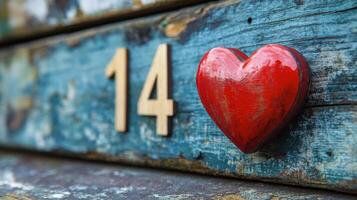 Decorative heart and wooden block with number 14 on a tabletop during Valentine's Day photo