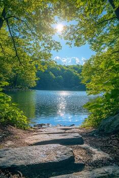 Serene lakeside view framed by lush greenery on a sunny day photo