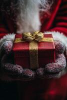 Santa Claus holding a small gift box with a golden ribbon in a snowy setting during the holidays photo