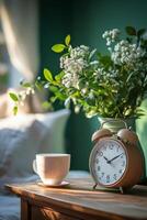 Morning coffee and alarm clock beside a cozy bed with fresh flowers photo