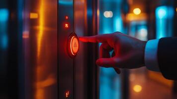 A hand pressing the elevator button in a modern building during evening hours photo