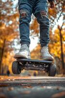 Person riding electric skateboard through autumn park in the late afternoon photo