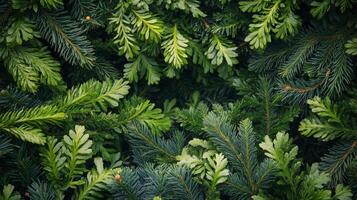 Lush green foliage of coniferous trees in a dense forest landscape during daylight hours photo