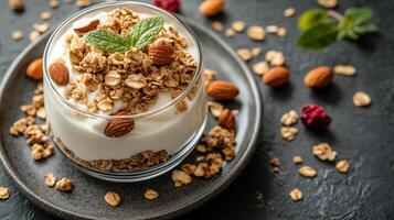 Crunchy granola with yogurt and nuts in a glass bowl on a dark textured surface photo