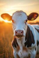 Calf stands in a field at sunset with golden light illuminating its face photo