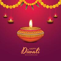 Happy diwali greeting card with diya in indian style background vector