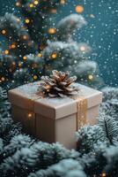Beautifully wrapped Christmas gift adorned with a pinecone surrounded by festive decorations photo