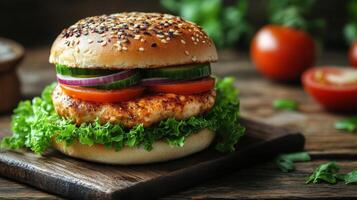 Grilled salmon burger with fresh vegetables on a wooden board photo