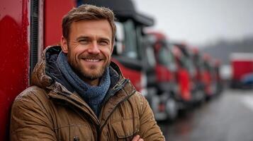 Smiling truck driver poses proudly beside red trucks in a chilly early morning setting photo