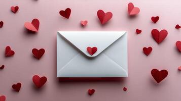 Romantic red hearts and an envelope on a pink wooden background for love letters photo