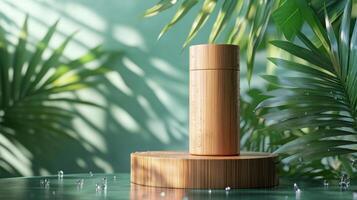 Natural skincare product displayed on a bamboo stand surrounded by lush green leaves photo