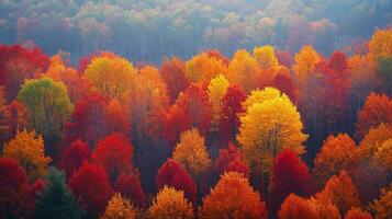 Vibrant autumn foliage in a dense forest with colorful red, orange, and yellow leaves photo
