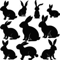 Isolated Rabbit Silhouettes in Various Poses on White Background vector