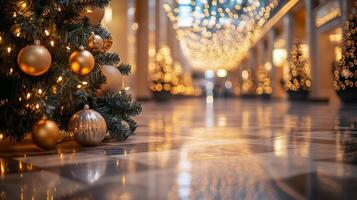 Festive decorations with a Christmas tree and gifts in a brightly lit indoor space photo