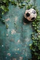 Old black and white soccer ball resting on vibrant green grass against a blue background photo