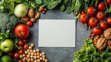 Fresh vegetables and nuts arranged around a blank card on a textured gray surface photo