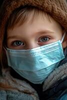 Child wearing a knitted hat and mask, embracing a parent indoors during winter photo
