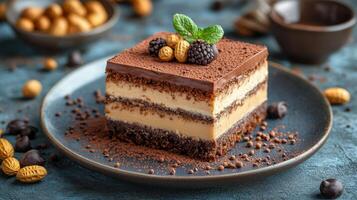Delicious dessert square with layers of chocolate, cream, and nuts on a rustic table photo