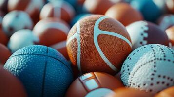 A collection of different basketballs arranged on a textured teal background photo