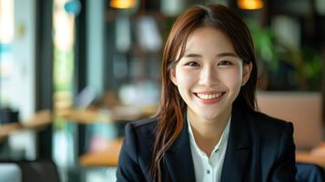 A woman in a business suit is smiling photo