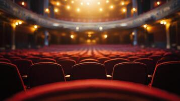 Elegantly arranged red velvet seats in a historic theater illuminated by distant stage lights photo