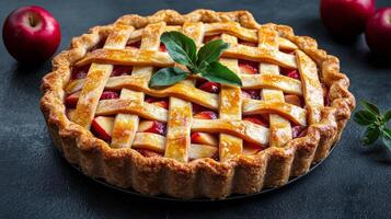 Freshly baked apple pie with a golden lattice crust on a dark background photo