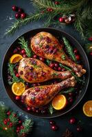 Festive roasted turkey legs with herbs and cranberries on a holiday-themed serving platter photo