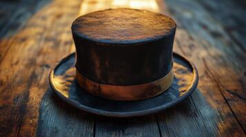 A vintage black top hat rests on a rustic wooden table illuminated by warm evening light photo