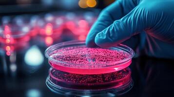 Scientist conducting research with petri dishes filled with pink agar in a laboratory setting photo