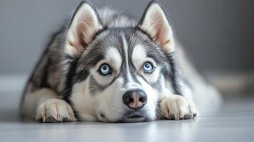 Siberian husky resting on a light floor with blue eyes photo
