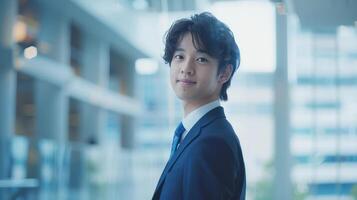 Asian businessman in suit and tie looking at camera photo