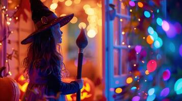 Enchanting Child in Witch Hat at Halloween Night photo