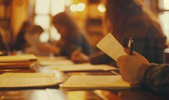 A person sitting at a table with a pen and paper photo