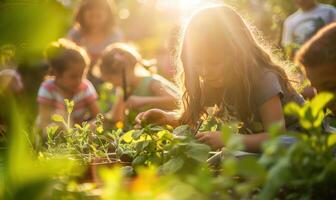 Children in an urban garden with sunlight shining through photo