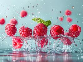 Levitating and splashing raspberry clusters separated photo