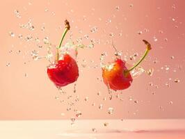 Levitating and splashing cherry halves separated photo