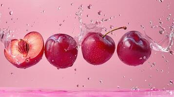 Levitating and splashing plum segments separated photo