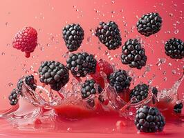 Levitating and splashing raspberry clusters separated photo