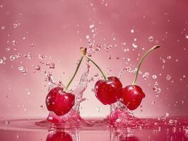 Levitating and splashing cherry halves separated photo