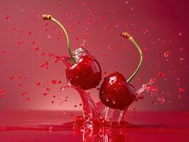Levitating and splashing cherry halves separated photo